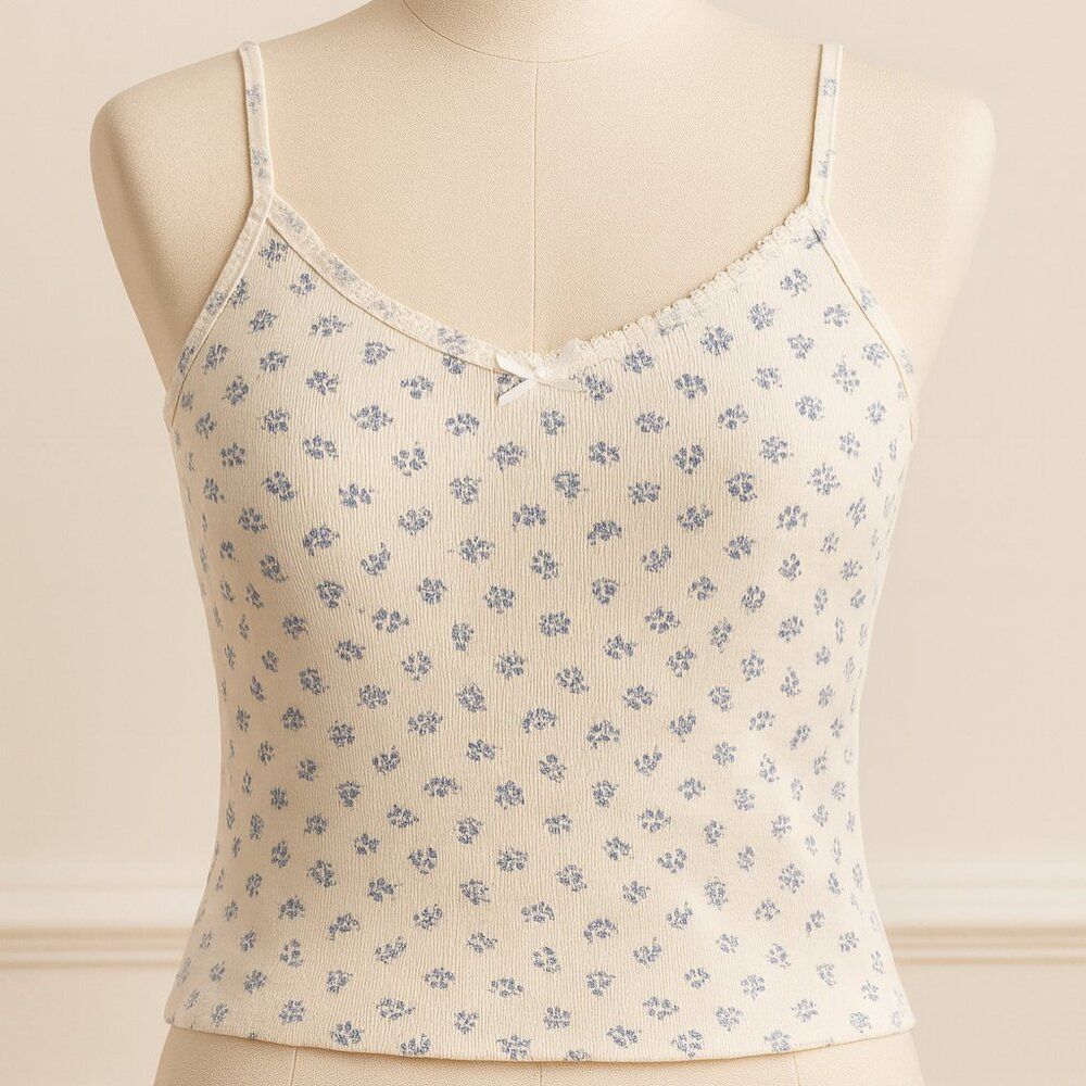 Brandy Melville Blue Floral Lace-Trim Cami